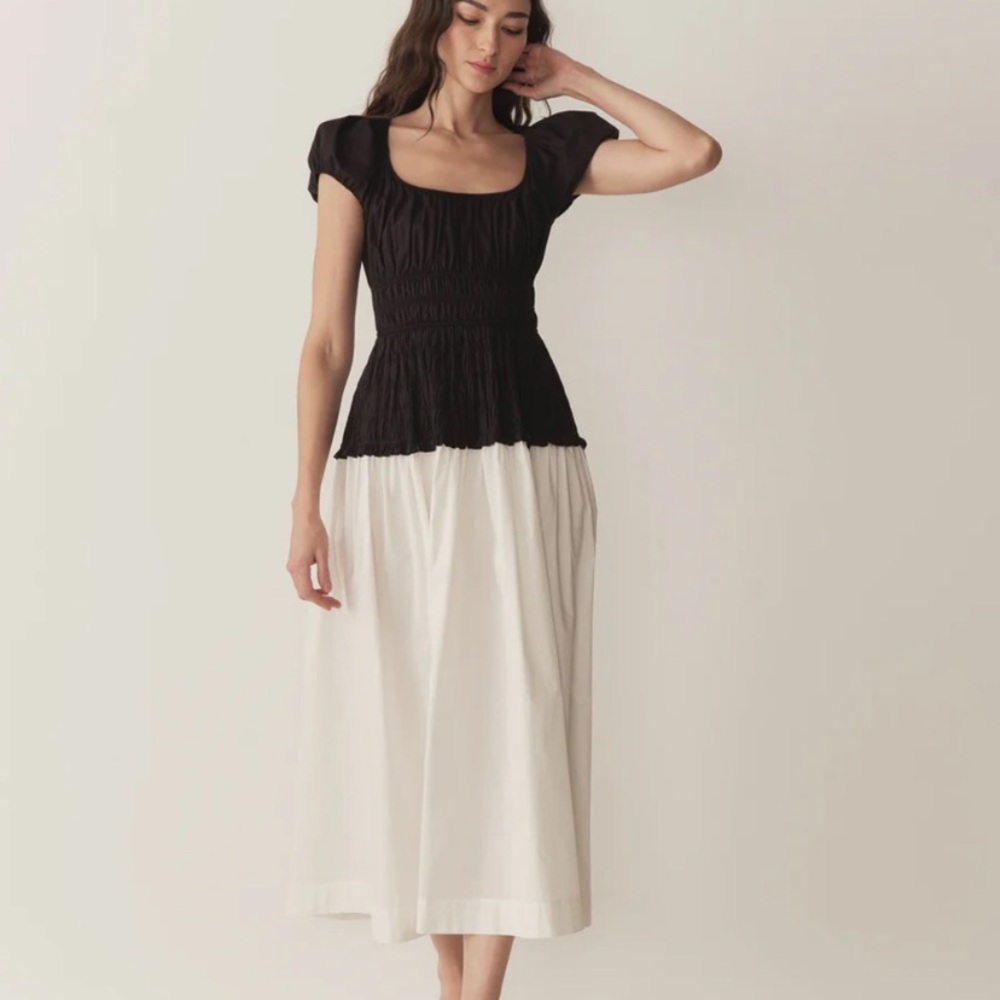 Doen Enya Cotton Poplin Smocked Short Sleeve Midi Maxi Dress Black Salt White